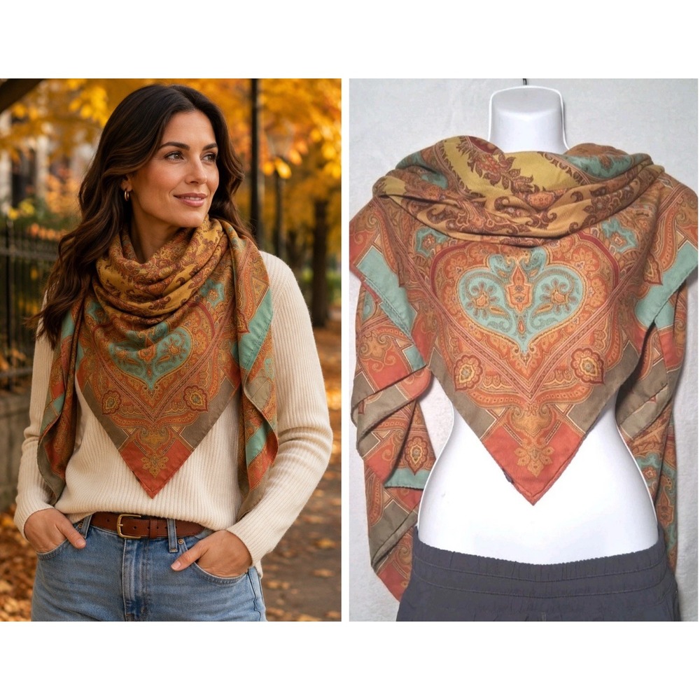 Vintage ETRO Milano Large Hand Rolled Wool Silk Blend Scarf Fall Color *READ*
